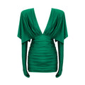 Fashion Streetwear Women'S Dress For Special Event Sexy V Neck Draped Design Green Slim Thin Mini Dress With Gloves green