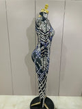 Sexy Shiny Silver Sequins Mirror Black Spandex Jumpsuit Women Prom Dancer Singer Costume Evening Birthday Show Stage Outfit