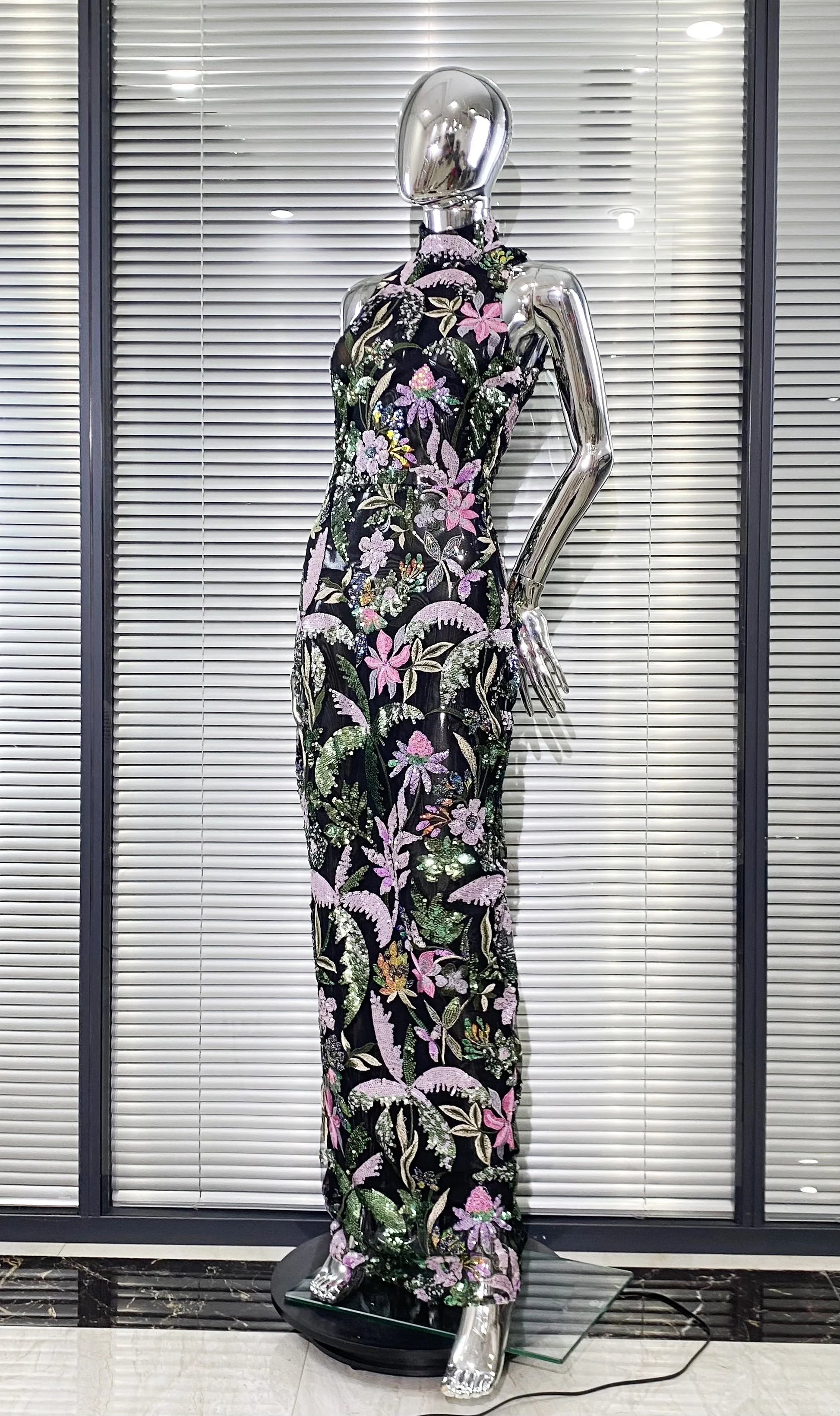 Sequin Flowers Embroidery O-Neck Sleeveless Sheath Ankle Length Dress Gracful Woman Evening Dress Celebrity Party Outfit