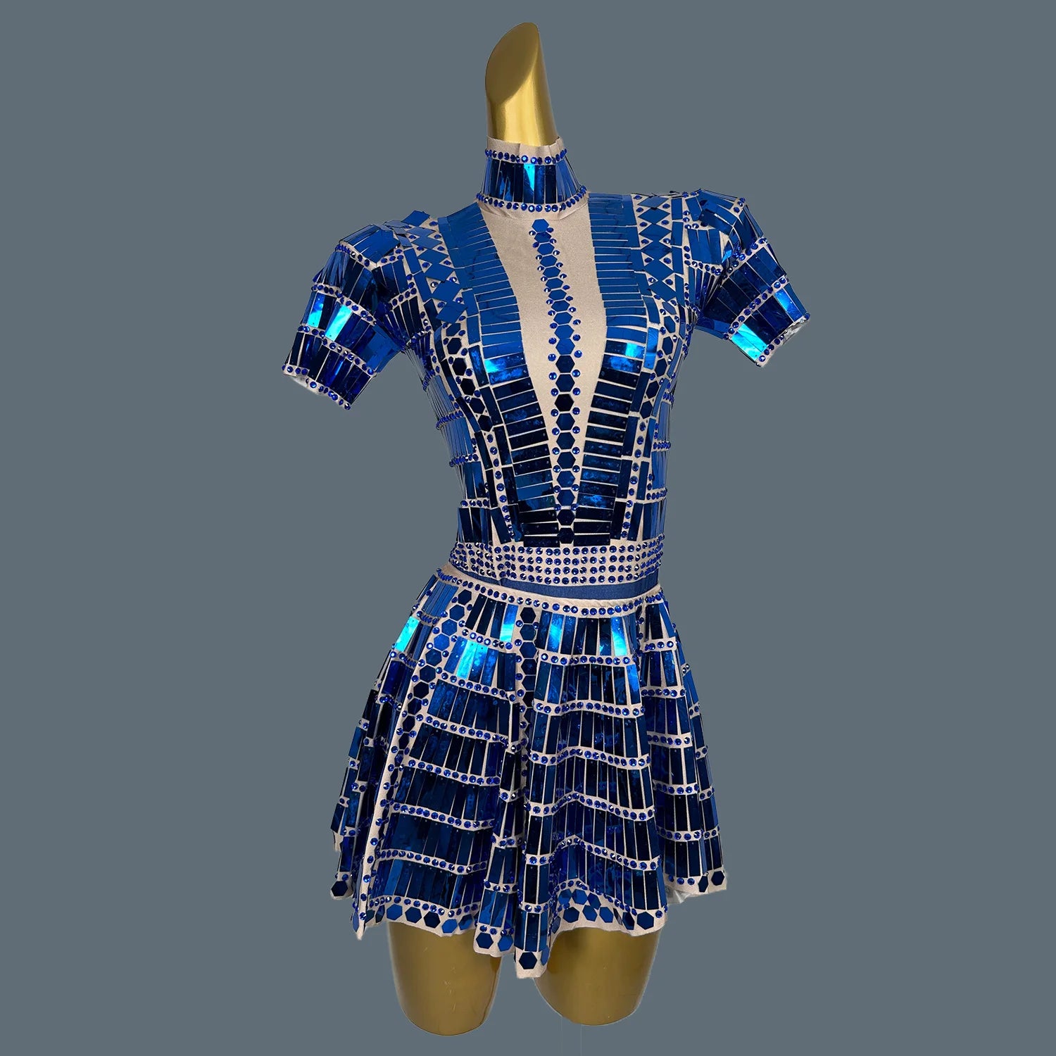 Mirrors Sequins Party Mini Spandex Mini Dress for Women Club Stage Dance Wear Party Celebrate Dress Dancer Show Lianghuanghuang Blue