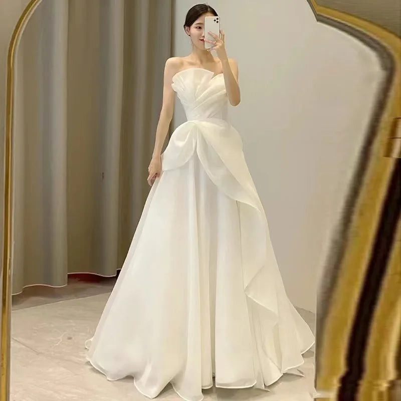 Luxury White Satin Chiffon Strapless Wedding Maxi Bride Dress Elegant Long Prom Evening Guest Formal Party Women Dresses