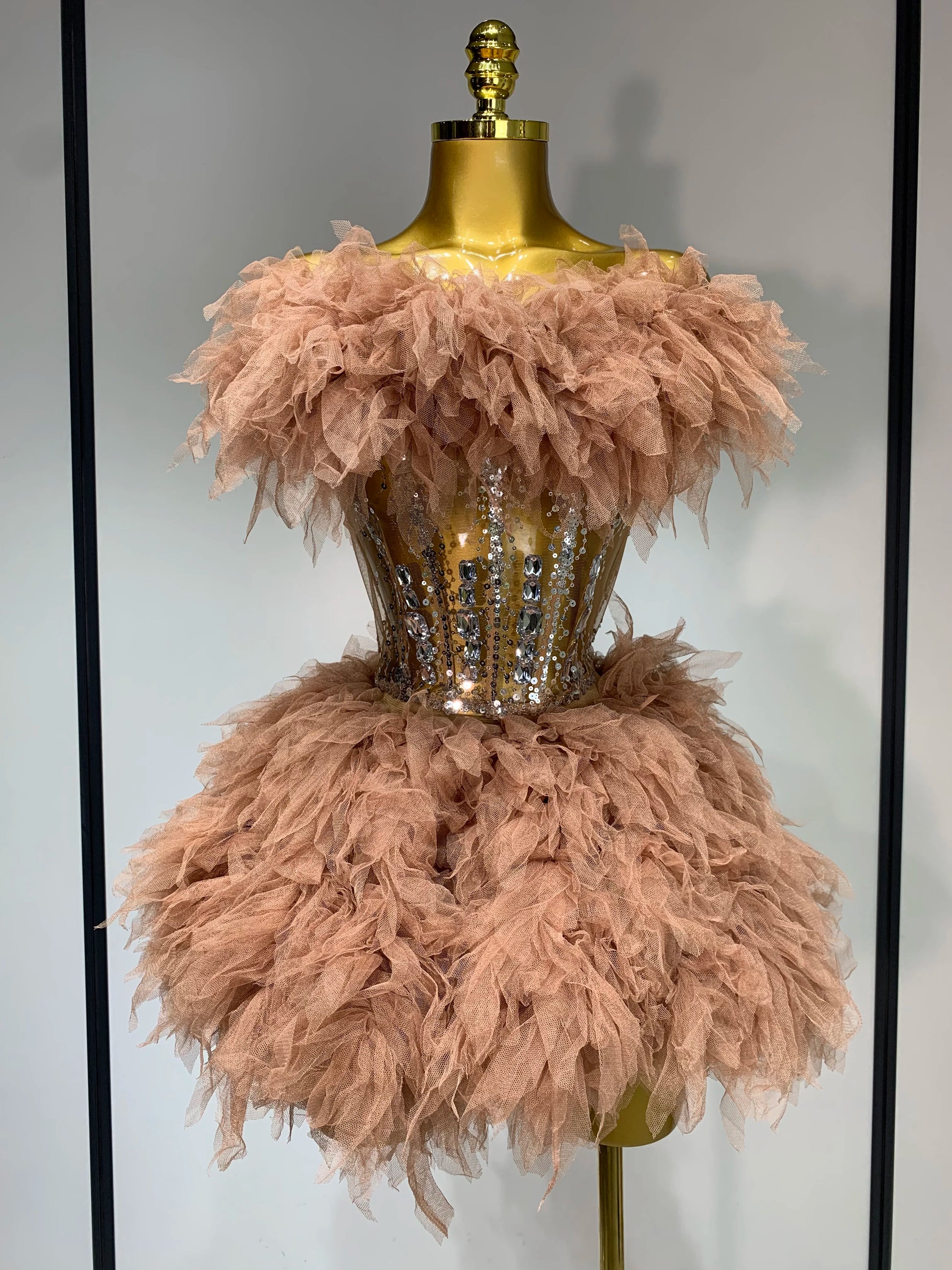 Sexy Strapless Red Mesh Two Pieces Set Singer Nightlcub Party Stage Outfit Photo Shoot Prom Gown Luxury Birthday Dresses Light Brown