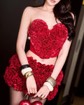 Red Color Women Birthday Party Rose Set Music Festival Outfit Short Sexy Strapless Tops And Mini Skirt 2 Pieces