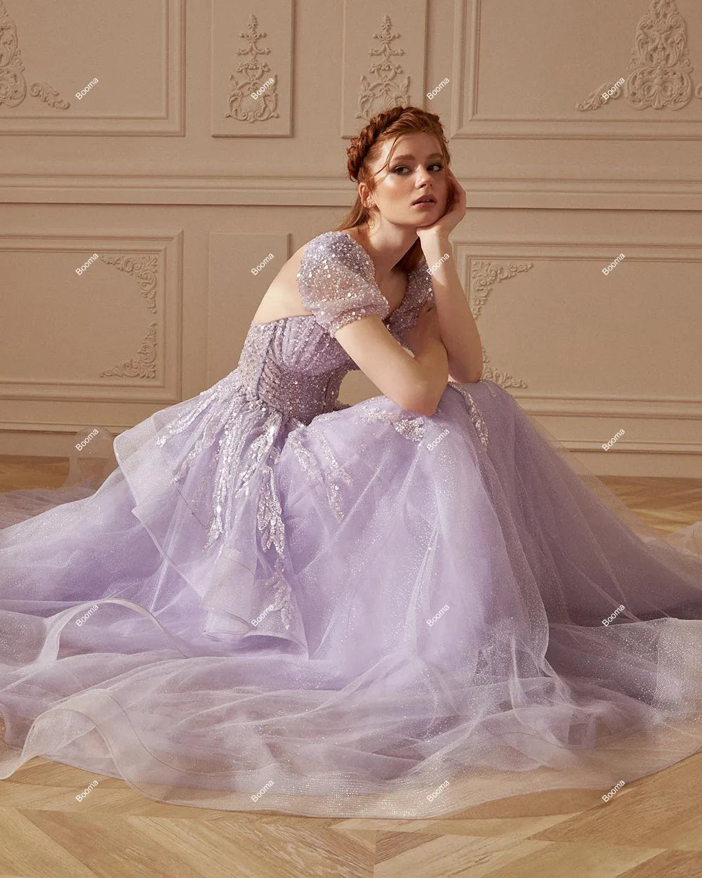 Lavender Luxury Wedding Dresses Sweetheart Ruffles Glitter Women's Brides Gowns Detachable Sleeves Long Evening Dress