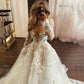 V Neck A Line Wedding Dress Appliques Brides Dress Tulle Long Sleeves Wedding Gown Court Train Bridal Dress