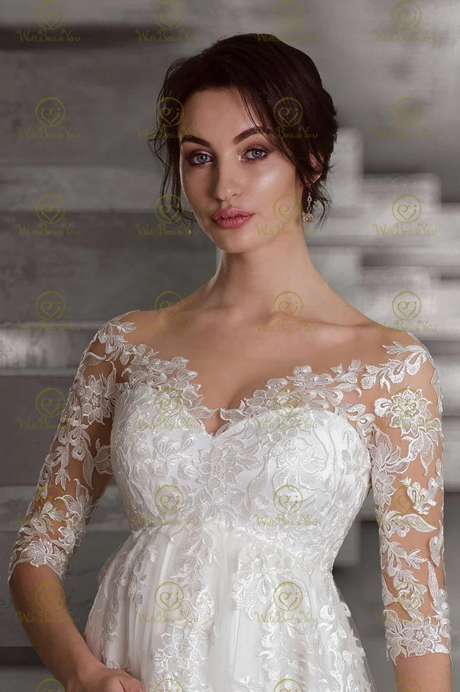 Long Pregnant Wedding Dress Empire Waist Sheer Neck 3/4 Sleeves Lace Applique Tulle A Line Bridal Gown Women Custom made