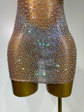 Sparkly Rhinestones Women Sexy One Shoulder Bodycon Mini Dress Mesh See Through Celebrate Nightclub Party Birthday Stage Outfit