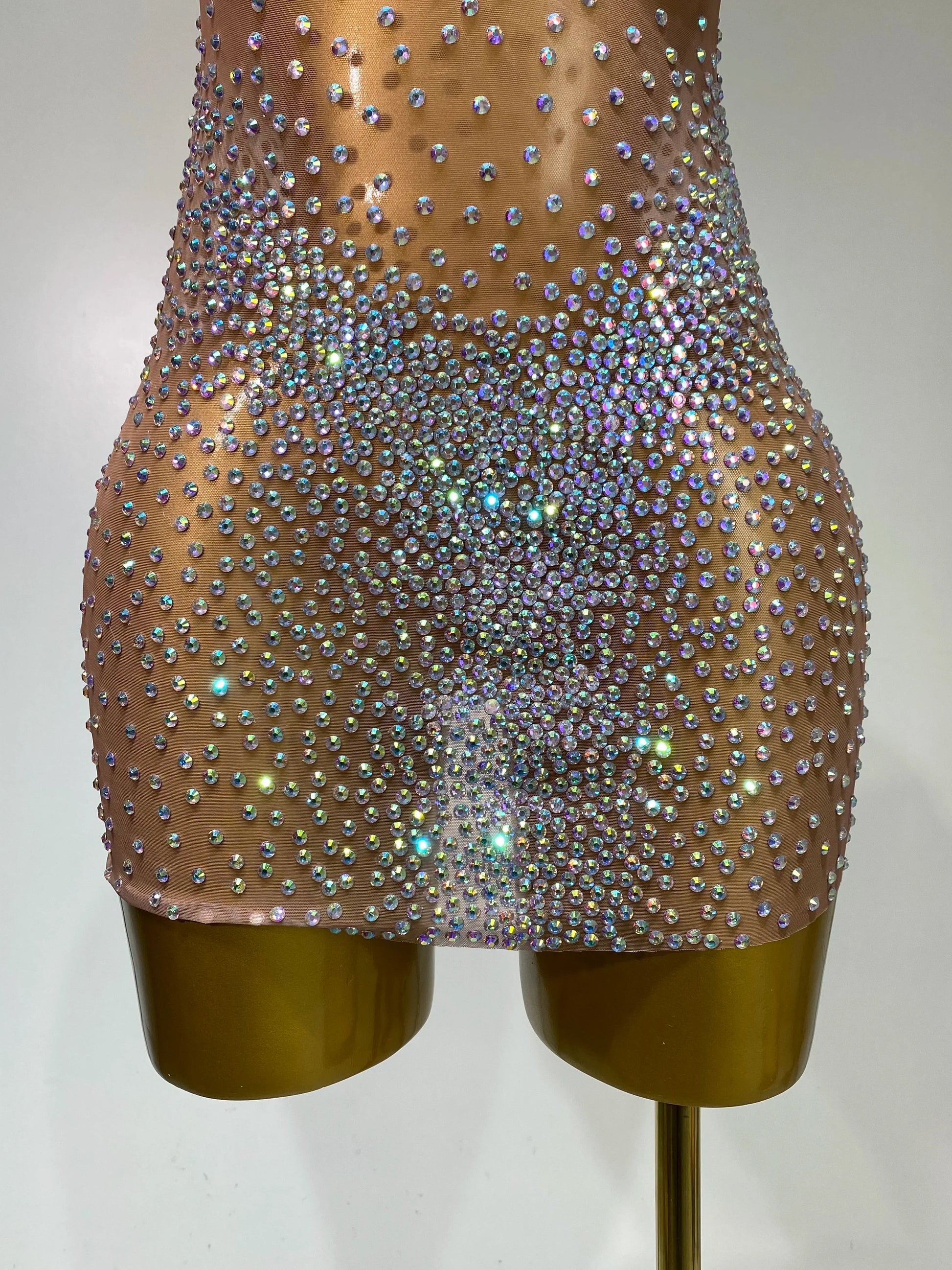 Sparkly Rhinestones Women Sexy One Shoulder Bodycon Mini Dress Mesh See Through Celebrate Nightclub Party Birthday Stage Outfit