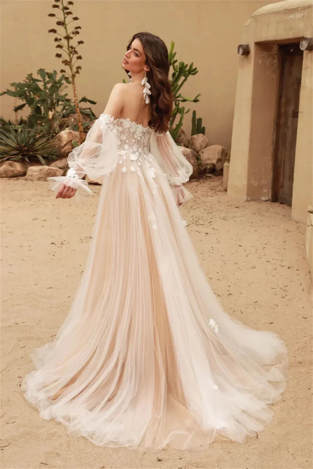 Light Champange Detachable Long Puff Sleeves V-neck Lace Applique Boho Beach A Line Wedding Dresses Custom Made Vestido De Ivory