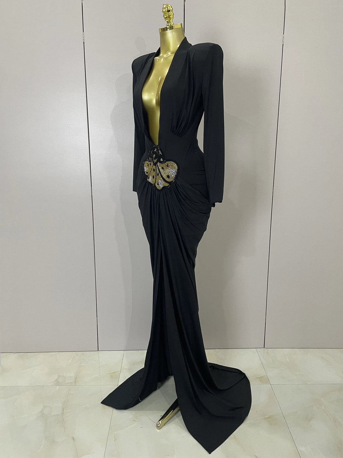 Sexy Deep V-Neck Long Sleeve Bodycon Long Dress Women Spring Elegant Evening Party Celebrate Cocktail Outfit Vestido black