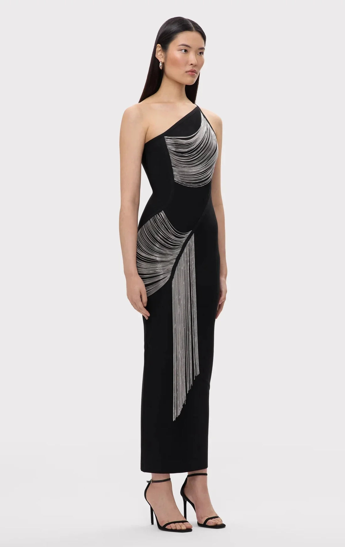 Women Sexy Halter Off the Shoulder Silver Tassels Bodycon Long Bandage Dress Evening Party Celebrate Cocktail Wear black