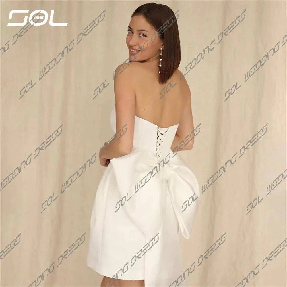 Simple Strapless Mini Above Knee Short Wedding Dress With Detachable Big Bow Elegant Back up Bridal Gown Robe De Mariee