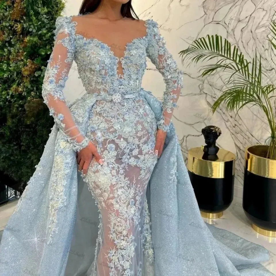 Luxury Deep V neck Mermaid Evening Dresses Long Sleeves Detachable Train Lace 3D Flowers Prom Dresses Arabic Formal Party Dress as picture color