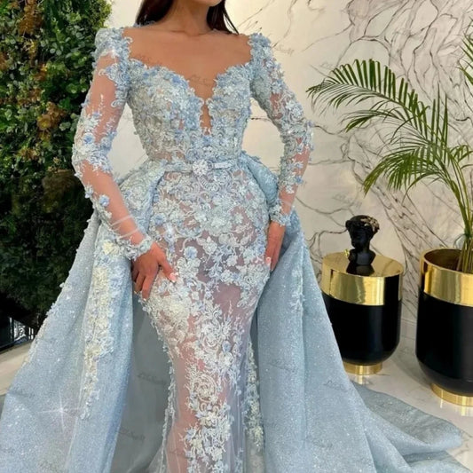 Luxury Deep V neck Mermaid Evening Dresses Long Sleeves Detachable Train Lace 3D Flowers Prom Dresses Arabic Formal Party Dress