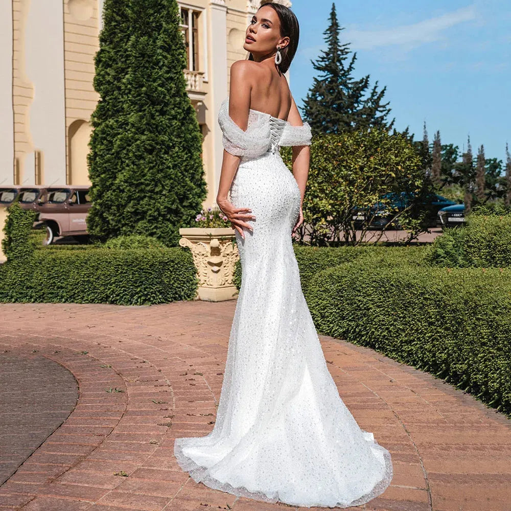 Twinkling Strapless Mermaid Wedding Dress Off The Shoulder Glitter Robe De Mariée Lace Up Back Sweep Train Vestidos De Novia 14w