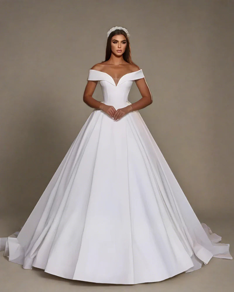 Wunderschöne eine Linie Brautkleider für Frau vor der Schulter v Hals Satin formelle Prinzessin Mode Kleider Vestidos de Novia