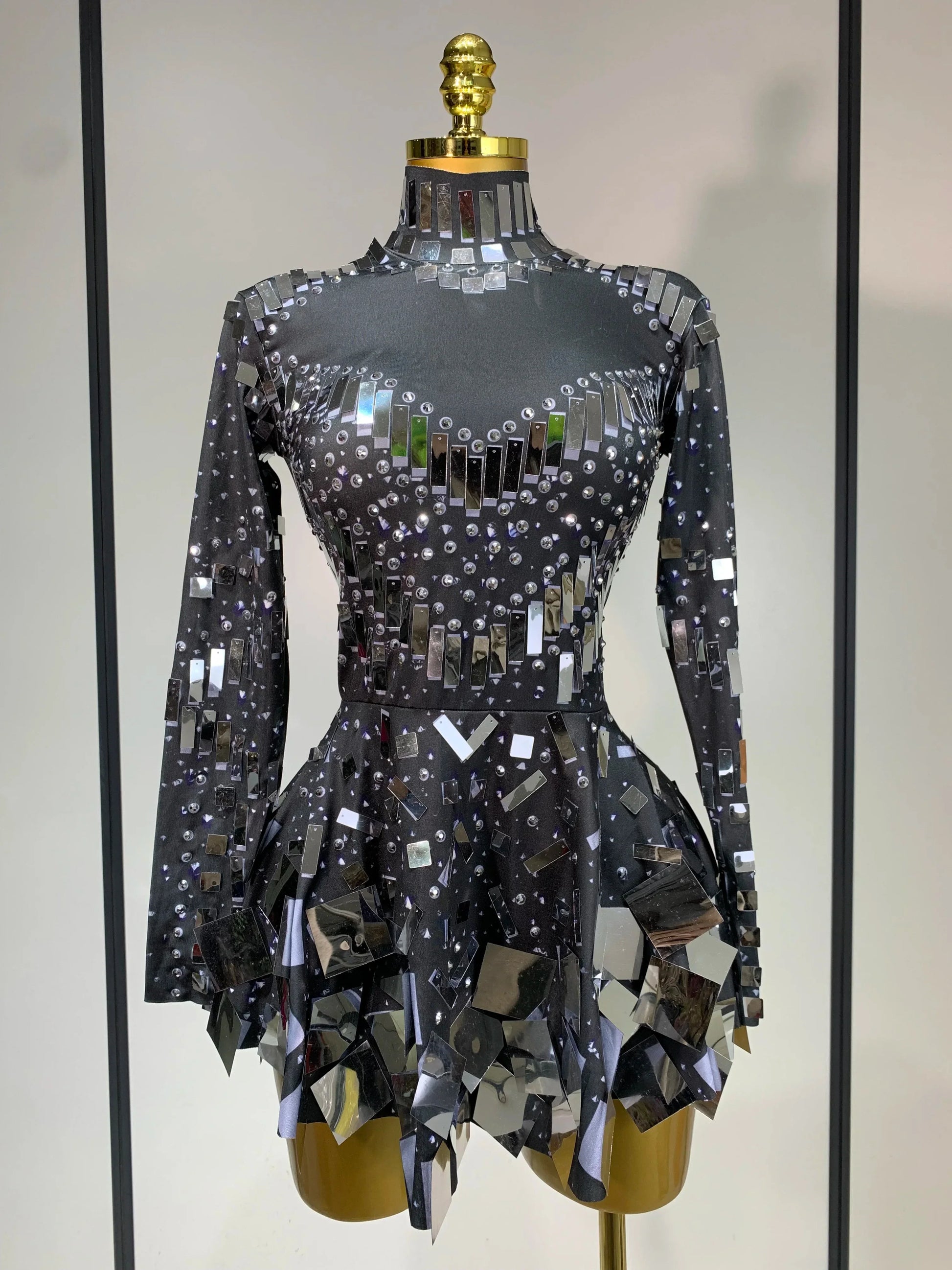 Women Sexy High Elastic A-Line Long Sleeve Dress Performance Costume Sparkly Nightclub Evening Party Hotwife Stage Outfit black