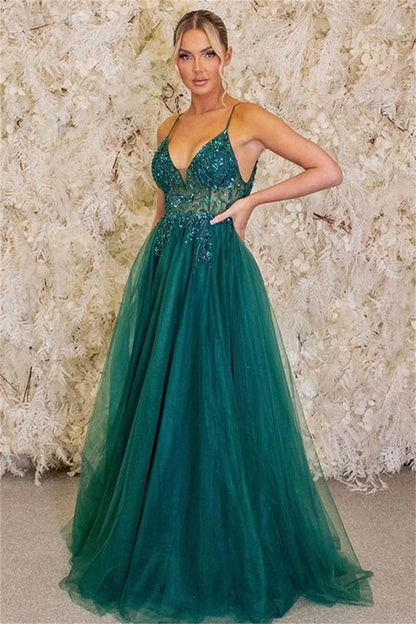 Dark Green Vestidos De Noche Sleeveless Sequins On Chest Prom Dress Sexy A-line Tulle فساتين السهرة