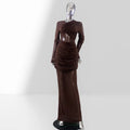 Chocolate Color Sexy See Through Mesh Sheath Ankle Length Dress Fashion Woman Evening Party Dress Holiday Vacation Outfit