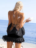 Edgy Black Halter Sleeveless Mini Dress Gown with Open Back for Trendy Parties
