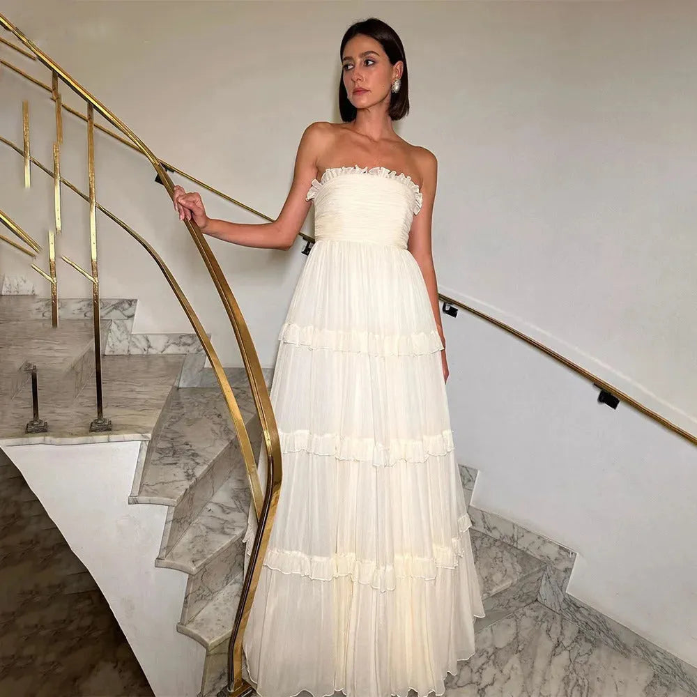 A-Line Long Wedding Party Dresses for Women Ruched Strapless Elegant Brides Party Gowns Evening Dresses Prom Gowns Ivory
