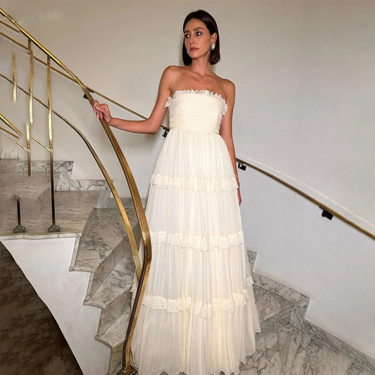 A-Line Long Wedding Party Dresses for Women Ruched Strapless Elegant Brides Party Gowns Evening Dresses Prom Gowns