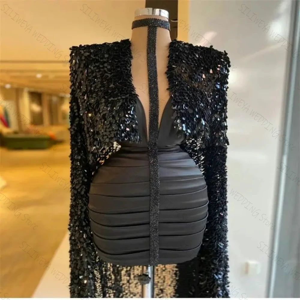 Luxury Design Evening Dresses With Wrap Chic Sequins Sheath Short Gown Halter Beads Neck Ruffles Satin Pageant Dress