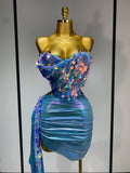 Sparkly Sequin Two Piece Set Sexy Strapless Backless Women Outfit Evening Party Nightclub Stage Performance Dance Costume SKY BLUE