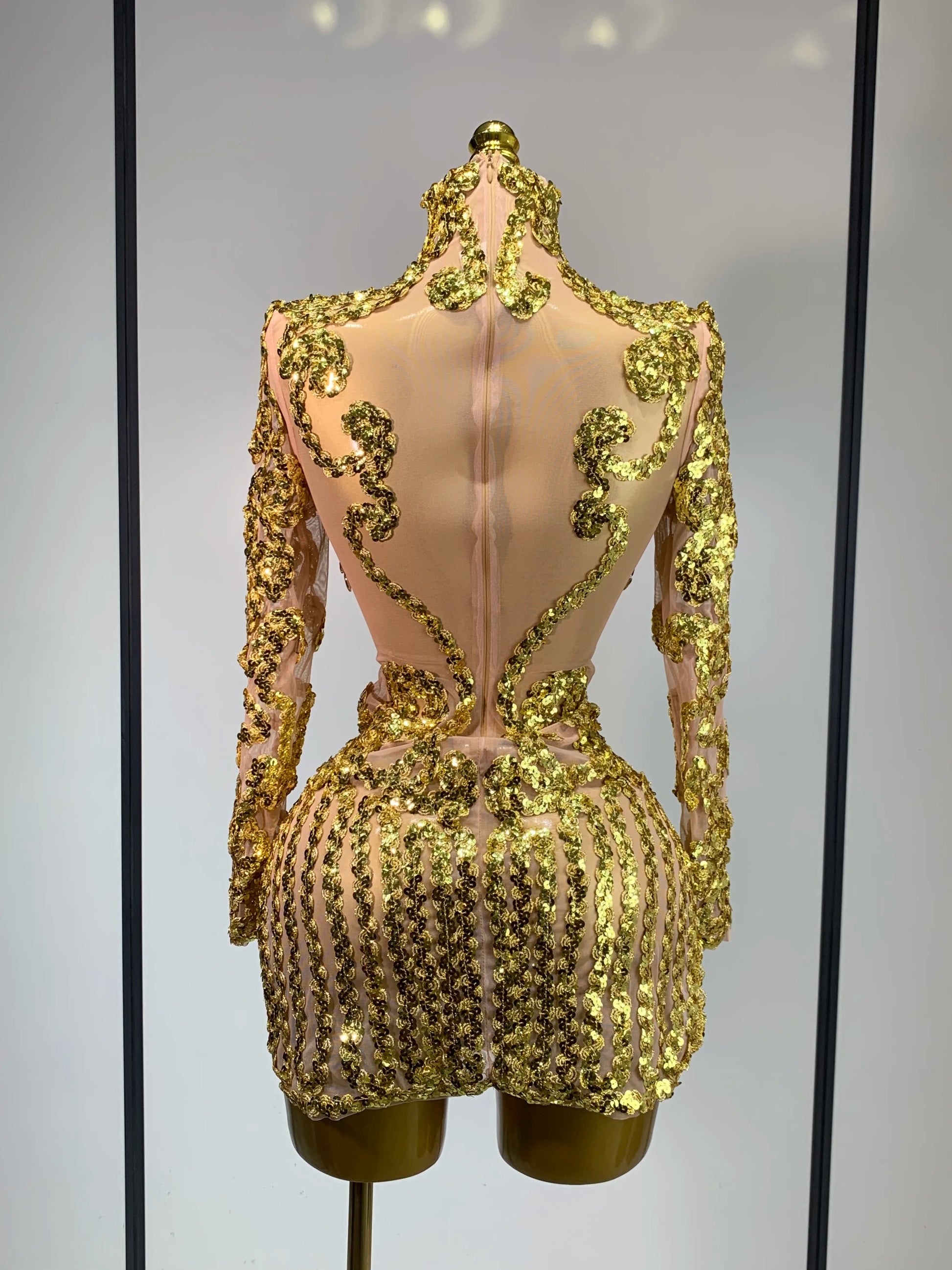 Women Long Sleeve Sexy Shinning Sequins Bodycon Mini Dress Mesh See Through Celebrate Birthday Evening Party Club Stage Outfit