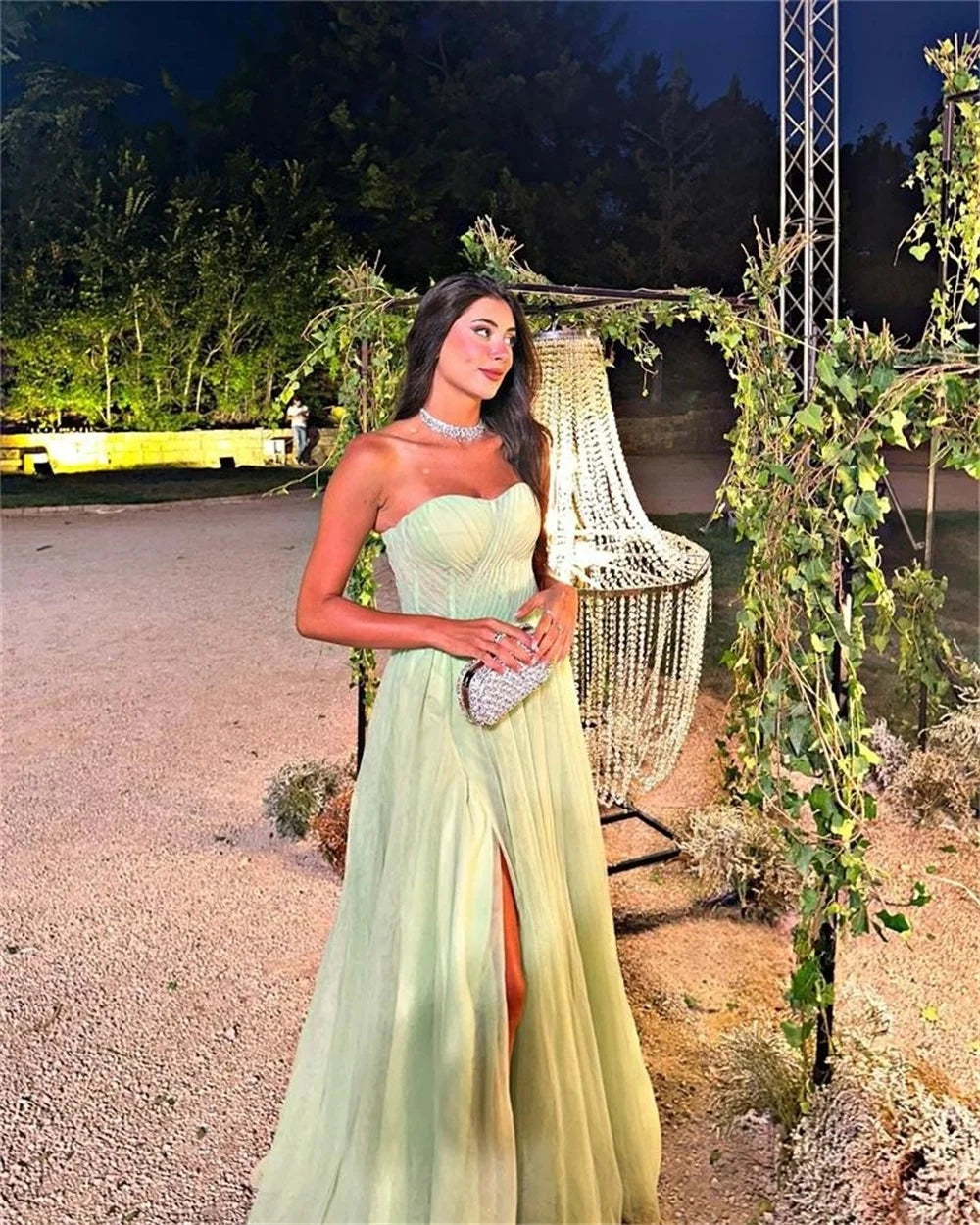 Sexy Side Split Light Green Vestidos De Noche Strapless A-line Prom Dress Tulle Floor Lenght فساتين السهرة