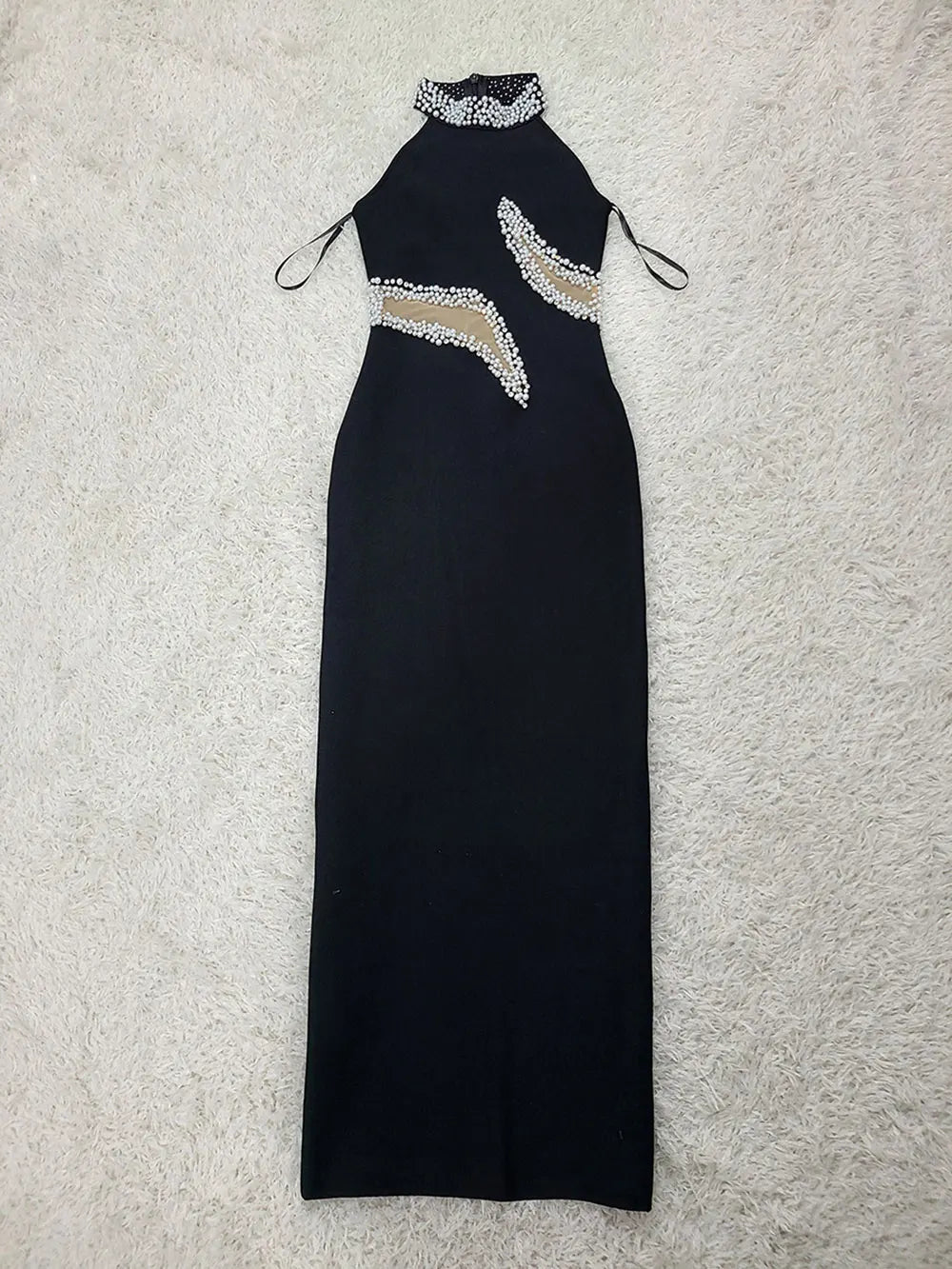 Elegant Women's Light Luxury Nail Bead Patchwork Design Bandage Dress O-Neck Sleeveless Bodycon Long Dresses Party Vestidos black