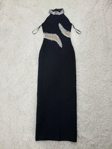 Elegant Women's Light Luxury Nail Bead Patchwork Design Bandage Dress O-Neck Sleeveless Bodycon Long Dresses Party Vestidos black