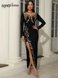 Women's Heavy Industry Nail Bead Design Bandage Dress V-neck Long Sleeve Bodycon Split Length Dresses Club Party Vestido