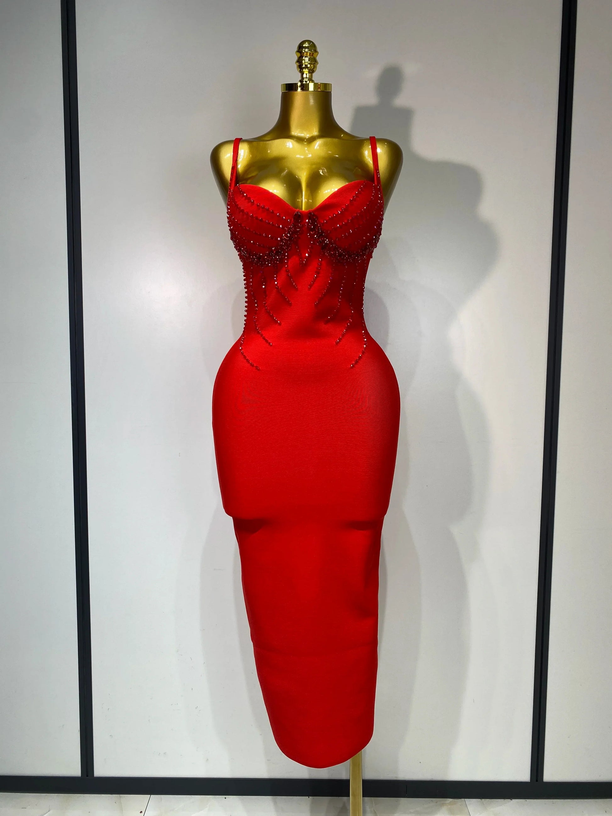 Women Sexy Beading Spaghetti Strap Bodycon Bandage Dress Club Party Luxury Birthday Celebrity Elegant Dresses Wedding Guest Gown Red