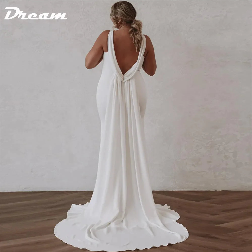 Deep V Neck Crepe Detachable Train Mermaid Wedding Dress Plain Sleeveless Open Back Simple Bridal Gowns Elegant
