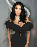3 Colors Gorgeous Feathers Shining Sequins V-Neck Strapless Mini Dress Woman Birthday Party Vestido NightClub Party Outfit