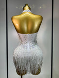 Sparkly Rhinestones Fringes Leotard Women Nightclub Evening Party Outfit Dance Costume Stage Outfit Sexy Performance Bodysuit