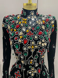 Sexy Sparkle Multicolor Rhinestones Black Velvet Gloves Slit Short Dress Women Evening Birthday Party Club Stage Costume