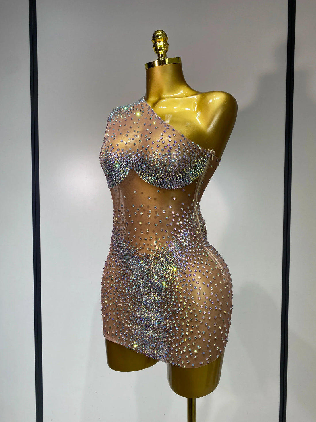 Sparkly Rhinestones Women Sexy One Shoulder Bodycon Mini Dress Mesh See Through Celebrate Nightclub Party Birthday Stage Outfit Khaki