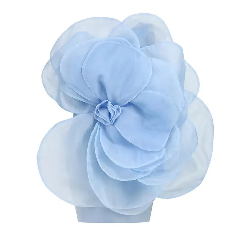 Summer Women'S Dress Sexy One Shoulder Sleeveless 3D Mesh Flower Patchwork Satin Mini White Wedding Dress Blue