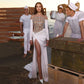 Vestido de noche blanco de sirena de Dubái de lujo, vestidos de graduación con abertura larga festoneados sexis para mujer, fiesta de boda 