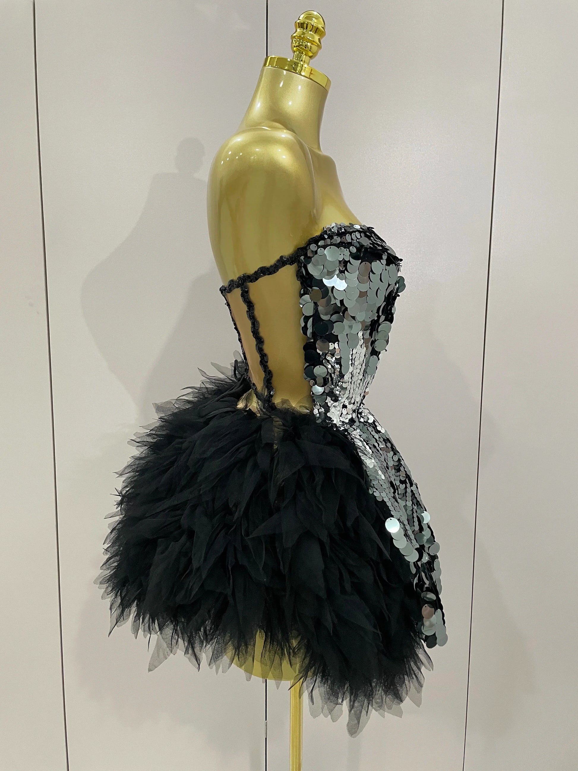 Sparkly Black Sequins Two Pieces Set Women Party Evening Prom Celebrate Birthday Dress Nightclub Photo Shoot Stage Costume