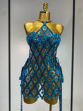 Sparkly Sequin Diamond Mesh Transparent Two Piece Set Women Sexy Evening Party Celebrate Birthday Photo Shoot Wear Blue