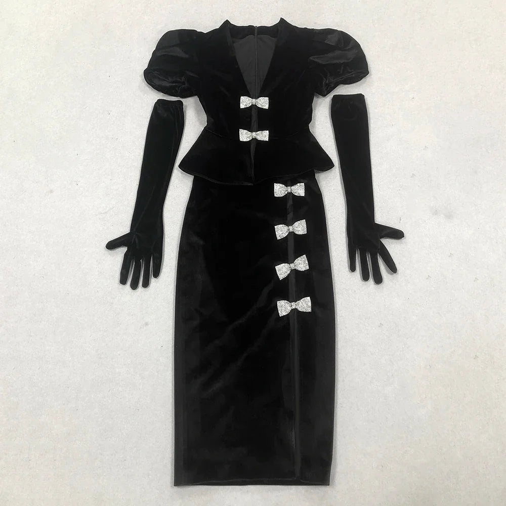 Fashion Gloves Black Velvet Woman Set Shining Diamond Bows V-Neck Jacket Sexy Hollow out package Hips Skirt Set 2 Piece