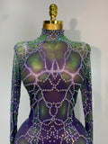 Women Sparkly Rhinestones Mesh Bodycon Jumpsuit Singer Stage Performance Dance Costume Nightclub Party Luxury Birthday Outfit