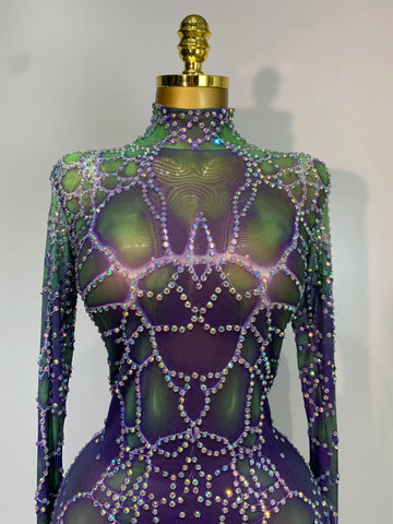Women Sparkly Rhinestones Mesh Bodycon Jumpsuit Singer Stage Performance Dance Costume Nightclub Party Luxury Birthday Outfit