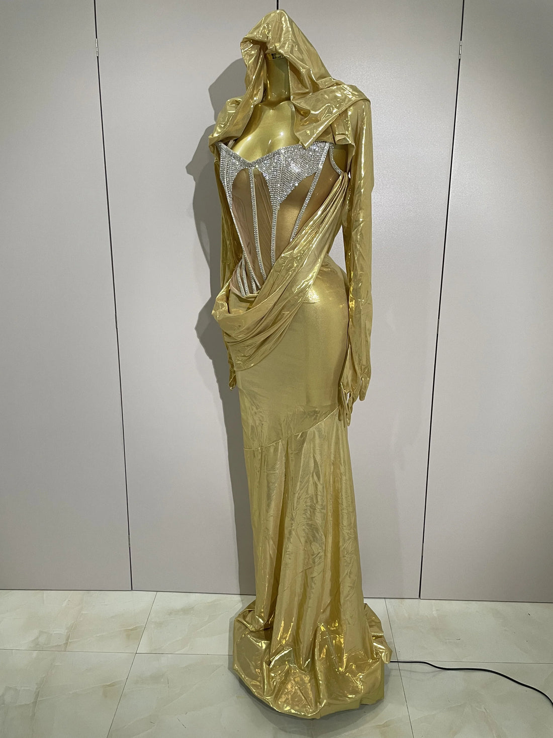 Sexy Sparkly Diamond Long Dress Two Pieces Sets Women Nightclub Party Celebrate Dance Singer Performance Costume Stage Outfit Gold