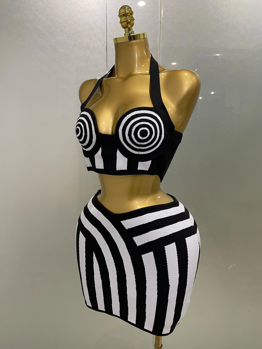 Women Celebrity Sexy Jacquard Black White Two Piece Bodycon Striped Bandage Skirt Set Designer Evening Party Dress black