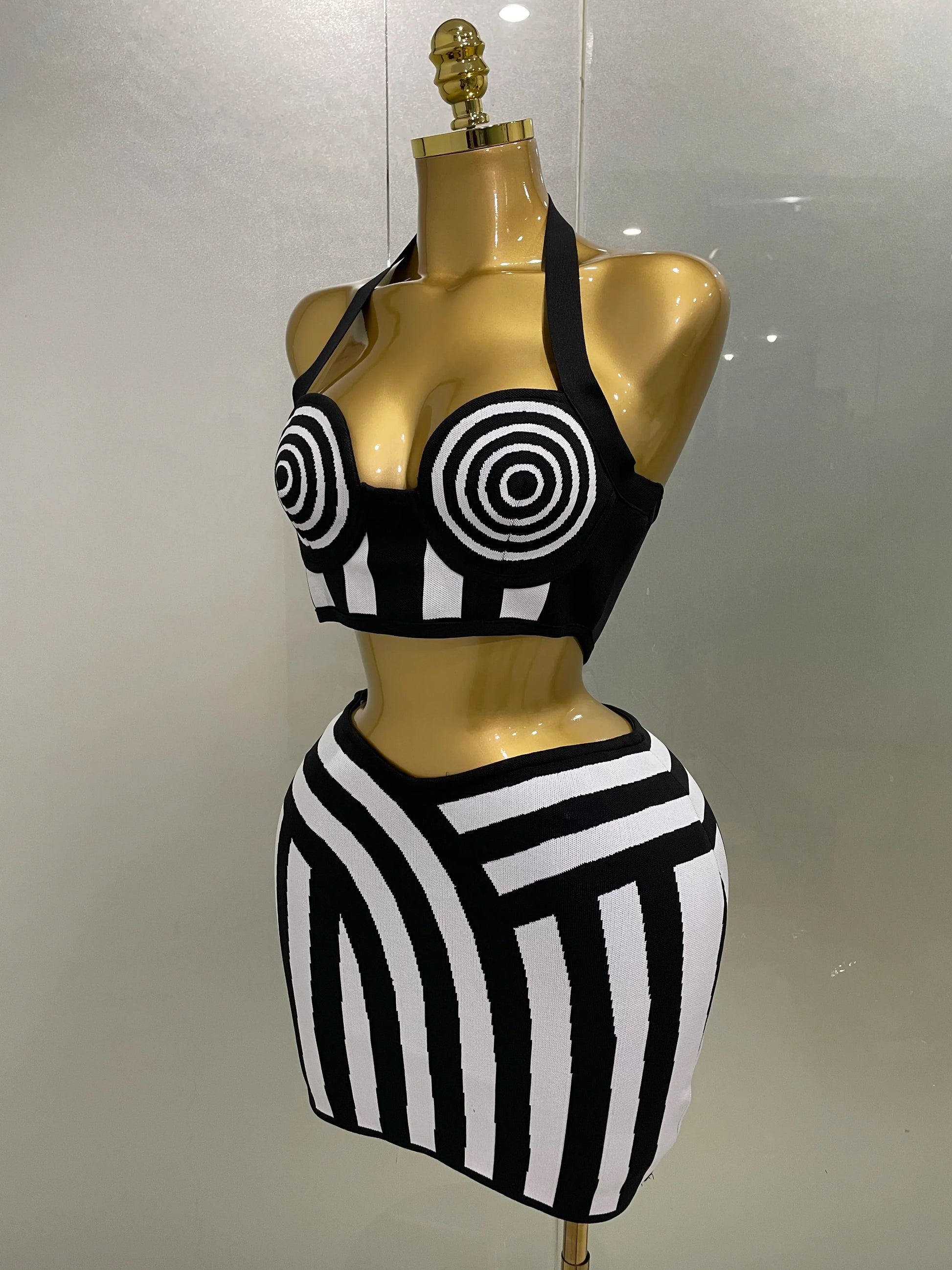 Women Celebrity Sexy Jacquard Black White Two Piece Bodycon Striped Bandage Skirt Set Designer Evening Party Dress