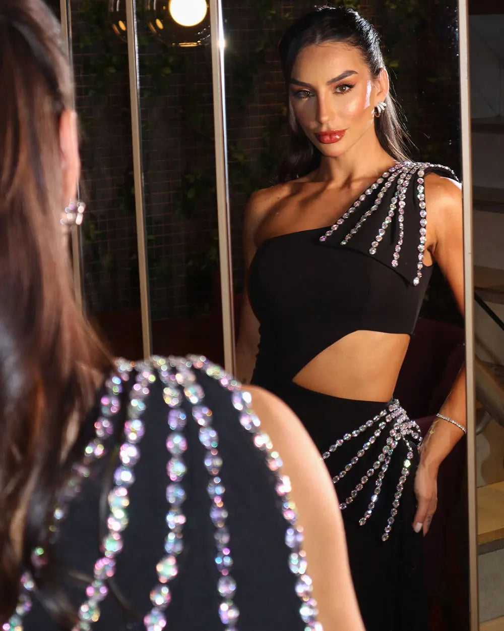 Sexy Women's Light Luxury Nail Diamond Bandage Dress One Shoulder Slant Neck Bodycon Waist Long Dress Evening Party Vestido